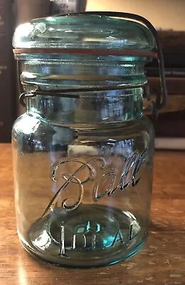 Vintage Blue Green Ball Ideal Pint Mason Jar With Glass Lid & Wire Bale • $12