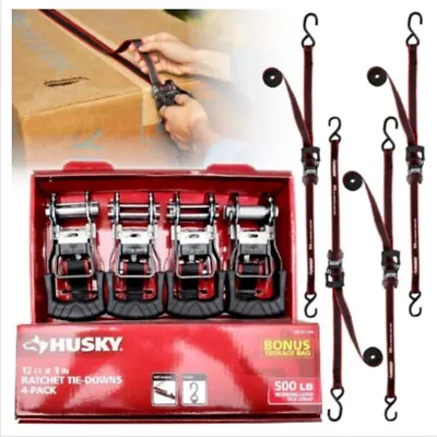 4-PACK HUSKY RATCHET TIE DOWN Heavy Loads Security Fastening Straps 12 Ft X 1 In • $12.39