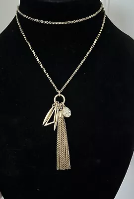 J Crew Signed Clear Crystal Geometric Gold Tassel Chain Charm Pendant Necklace • $16.99