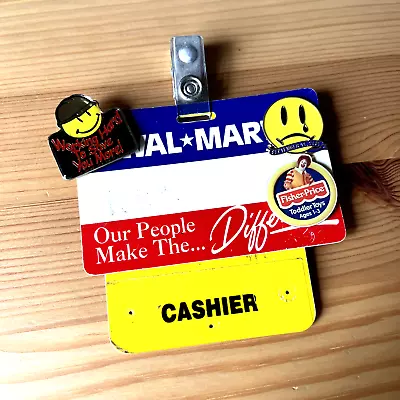 Vintage Wal-Mart Employee Name Badge Tag & 3 Pins - 9/11 Sad Smiley Crying - USA • $49.31