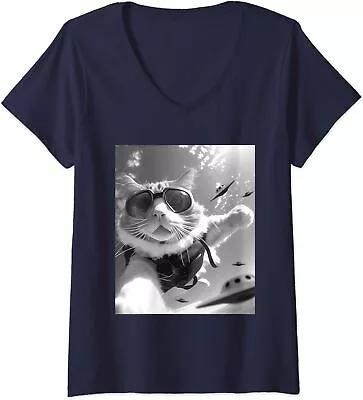 Funny Skydiving Cat Selfie With Alien UFOs Gift Ladies' V-Neck Tshirt • $21.99