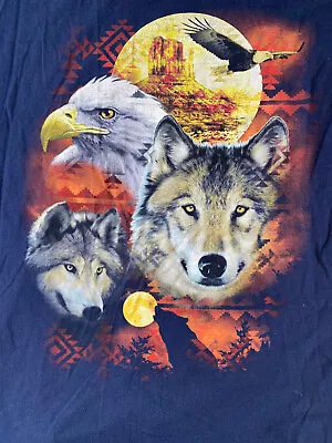 Mens Wolf Eagle Moon Mens T-Shirt 2-3XL Blue Cotton Short Sleeve Retro Solid • $16.97