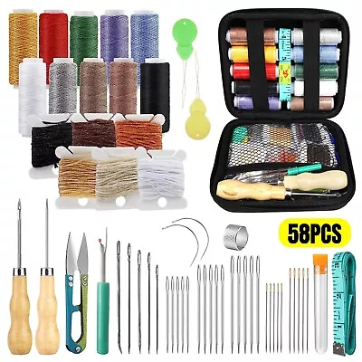 58Pcs Leather Waxed Thread Stitching Needles Awl Hand Sewing Tool Heavy Duty Kit • $13.98