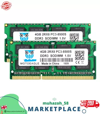 PC3 8500S DDR3 1066MHz 8GB Kit 2x4GB Sodimm RAM CL7 204 Pin 1.5V 2RX8 Dual Rank • £14.79