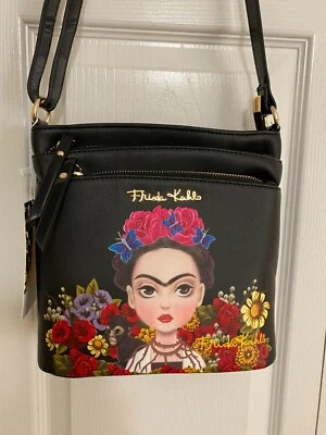$49 • Buy Authentic FRIDA KAHLO W/Monkey & Flowers Multi Compartment Crossbody Bag - BLACK