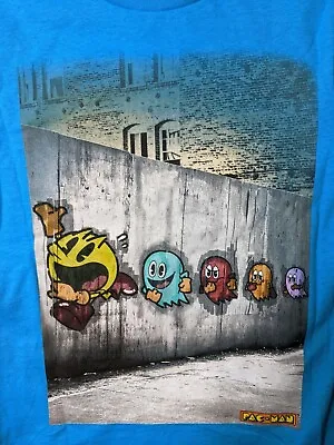 Pacman Youth Shirt Running Chased By Ghosts Blue Shirt On Fence Large 10/12 • $10.99