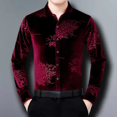 Men Floral Velvet Blouse Shirt Slim Casual Business Work Office Wedding Party • $32.29