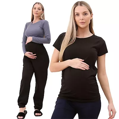 Womens MATERNITY FLEECE JOGGERS & Pregnancy T-Shirt Black Short Sleeves Top • £11.99