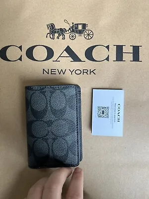 NWT Coach CJ753 Id Wallet In Signature Canvas & Leather Charcoal Black • $55