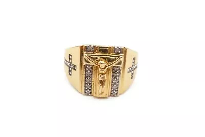 10k Yellow Gold Diamond Jesus Cross Mens Ring Size 12 • $341.99