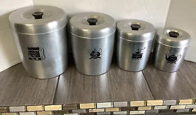 Vintage Mid-Century Brushed Aluminum 4 Piece  Canister Set W Lids Retro Kitchen  • $30