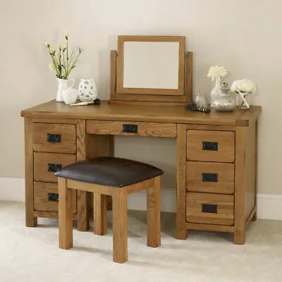 Rustic Oak Double Pedestal Dressing Table Mirror And Stool Set- RS20-RS29-RS34 • £629