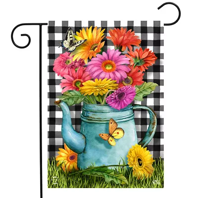 Gerber Daisy Watering Can Spring Garden Flag Checkered 12.5 X18  Briarwood Lane • $9.86