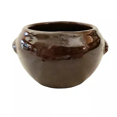 Vintage Bean Pot Ceramic Pottery With Handles Brown USA 4  Wide READ DESCRIPTION • $12.75