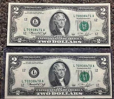 1976 L Series 2 -Consecutive Numbered $ 2 Dollar Bills Uncirculated  • $28