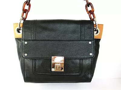 Milly Black Leather Shoulder Bag Purse Handbag Silver Hardware Tan Accents • $18.50