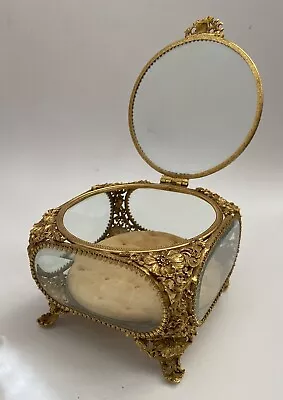 Vtg Antique MATSON 24k Gold Plated Casket Jewelry Box Beveled Glass 5.5”x4” • $94