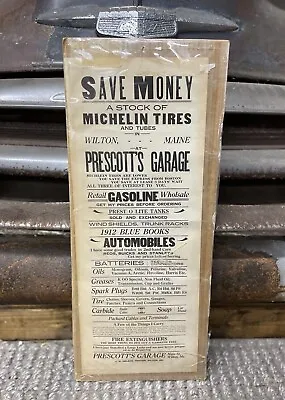 Antique Wilton Maine Prescott Garage Michelin Tires Gas & Oil Broadside Ad Sign • $225