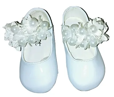 Girls White Ballet Shoes Pearl Strap By Couche Tot Christening Wedding Party • £15.99
