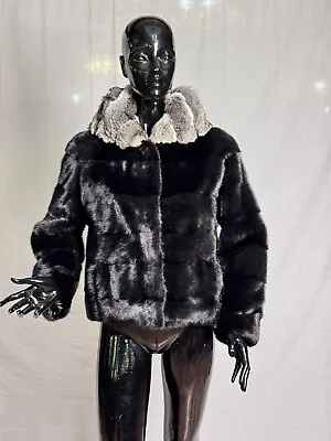 Real Fur Mink Black Short Jacket With Chinchilla Hood • $650