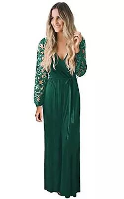 Zattcas Womens Floral Lace Long Sleeve Faux Wrap V Neck Maxi Dress Dark Green- L • $9.99