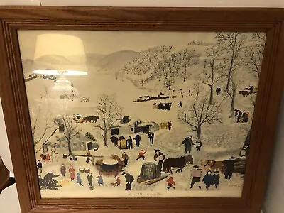 SUGARING OFF By GRANDMA MOSES Cross  FRAMED UNDER GLASS. • $70