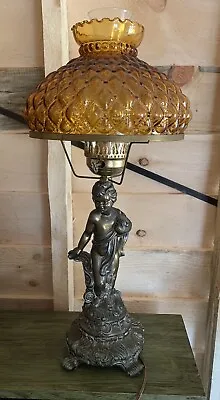 Vintage Cherub Lamp With Amber Shade Hurricane Lamp • $175