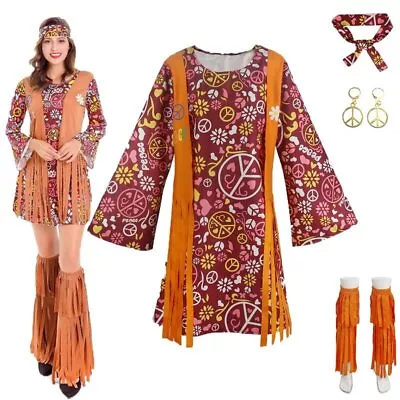 Women Hippie Dress 60s 70s Peace Costume Vintage Disco Halloween Boho Costumes • $19.13