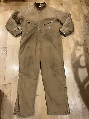 48 REG Carhartt X01 BRN Duck Canvas Quilted Lined Insulated Coveralls Vintage • $54.99