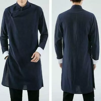 Mens Chinese Retro Loose Long Gown Jackets Hanfu Tang Suit Casual Cotton Linen • $49.06