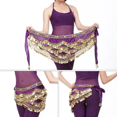 Velvet Dangling Gold Coins Belly Dancing Hip Skirt Scarf Wrap Belt Purple • £10.96