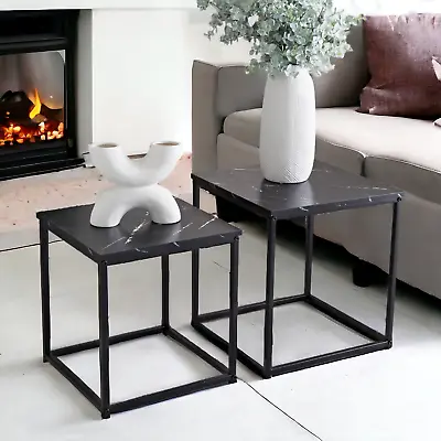 Set Of 2 Coffee Table Black Marble Top Nest Of 2 Marble Table Living Room New • £39.95