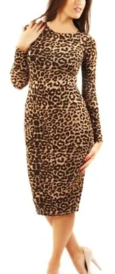 £9.95 • Buy Ladies Leopard Print Long Sleeve Stretch Bodycon Women Midi Dress New PLUS SIZE