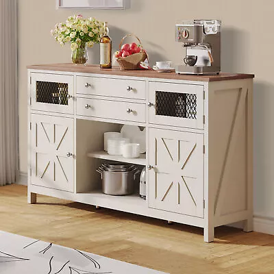 59'' Farmhouse Sideboard Buffet Kitchen Storage Cabinet W/2 Drawers & Barn Doors • $195.99