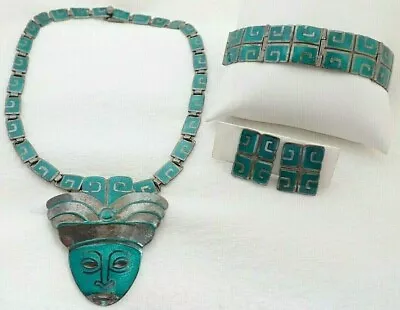 Margot De Taxco 5403 Enamel Sterling Mask Necklace Brooch Bracelet Earrings Set • $799.95