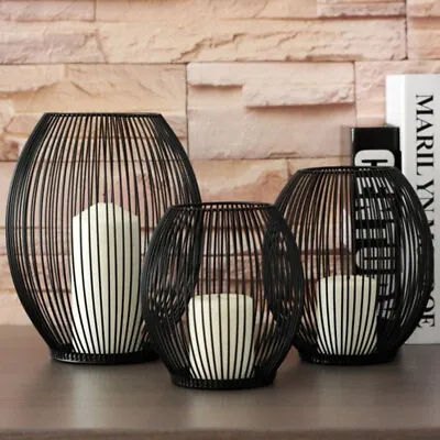 3PCS Black Metal Wire Lantern Candle Holder Cage Tea Light Stand Wedding Decor • £8.45