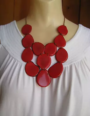 ECUADOR TAGUA NUT Necklace Earrings Red Orange Coral Colored FLAT BEAD BIB • $23