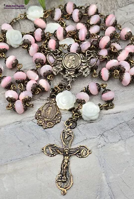 Virgin Miraculous Mary Lilies Roses Pink Mother Of Pearl Vintage Bronze Rosary • $159