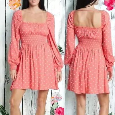 NEW Women's Anthropologie AFRM Dress Coral Pink Polka Dot Smocked Bodice MED NWT • $24.99