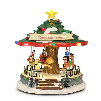 Animated Christmas Village Display Amusement Park Tree Carousel LED Lights Music • $119