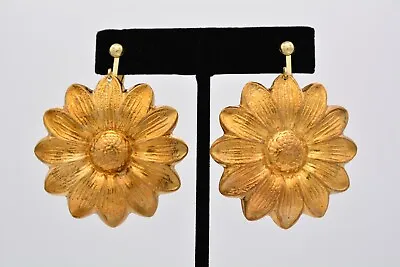 Vintage Sunflower Clip Earrings Dangle Antiqued Gold Tone Chunky 1980s BinAZ • $17.56