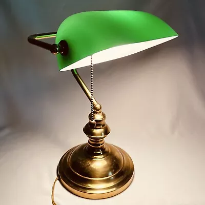 VTG Brass Bankers Lamp Green Emerald Glass Shade Curved Neck Office Desk Lamp • $49.99