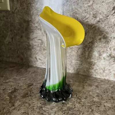 Vintage Art Glass Murano Style Trumpet Cala Lilly  Vase Yellow White Green 7.25” • $22