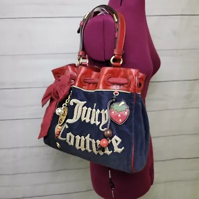 $249.99 • Buy Juicy Couture Terry Cloth Red Leather Strawberry Daydreamer Shoulder Tote Bag 