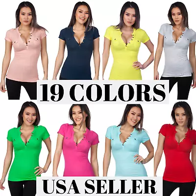 $13.99 • Buy Color Story Ladies Deep V-Neck Capsleeve Fitted Henley Tee Top #1343