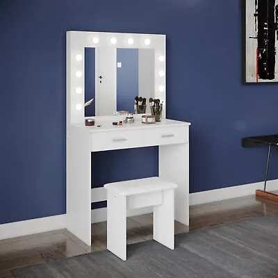 £187.99 • Buy Modern Makeup Desk Dressing Table Stool Set Large Mirror W/2 Drawers/LED Lights