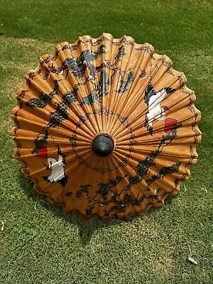 Vintage Japanese Rice Paper Bamboo Umbrella Parasol Hand Painted 3pc Set • $499