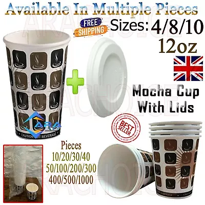 10-1000x Disposable Mocha Hot Drinks Paper Tea Cups Takeaway 4/8/10/12oz + Lids • £5.95