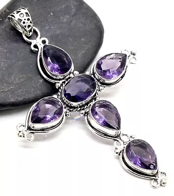 925 Sterling Silver Amethyst Gemstone Handmade Jewelry Cross Pendant Size-3 • $14.53