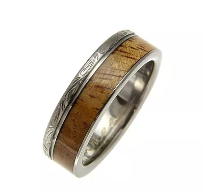 Genuine Inlay Hawaiian Koa Wood Wedding Band Ring Titanium Scroll 6mm Size 4-14 • $59.99